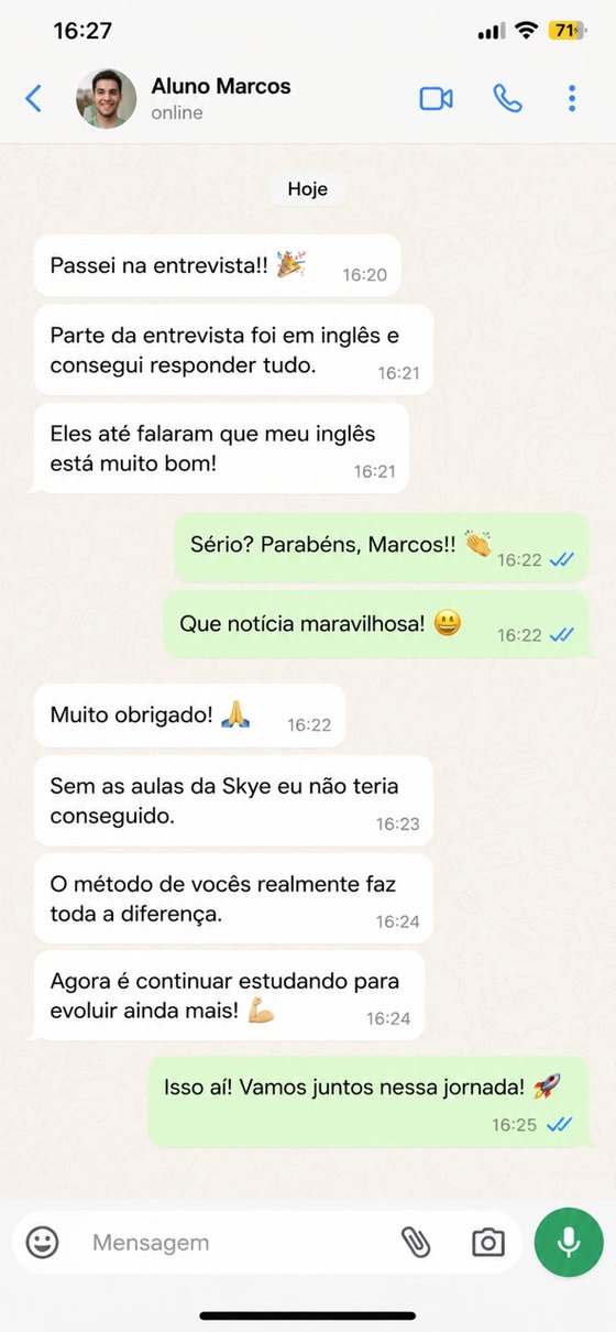 Depoimento do aluno Marcos sobre entrevista em inglês